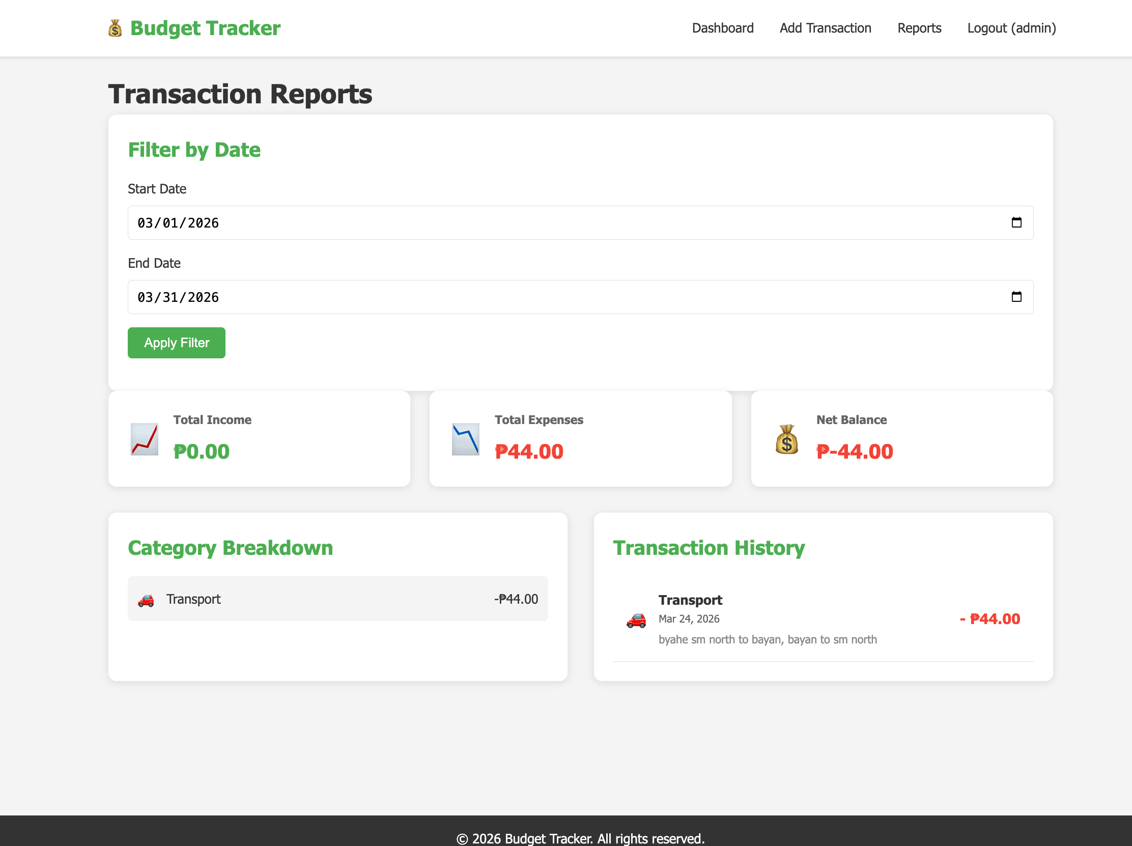Budget Tracker Reports