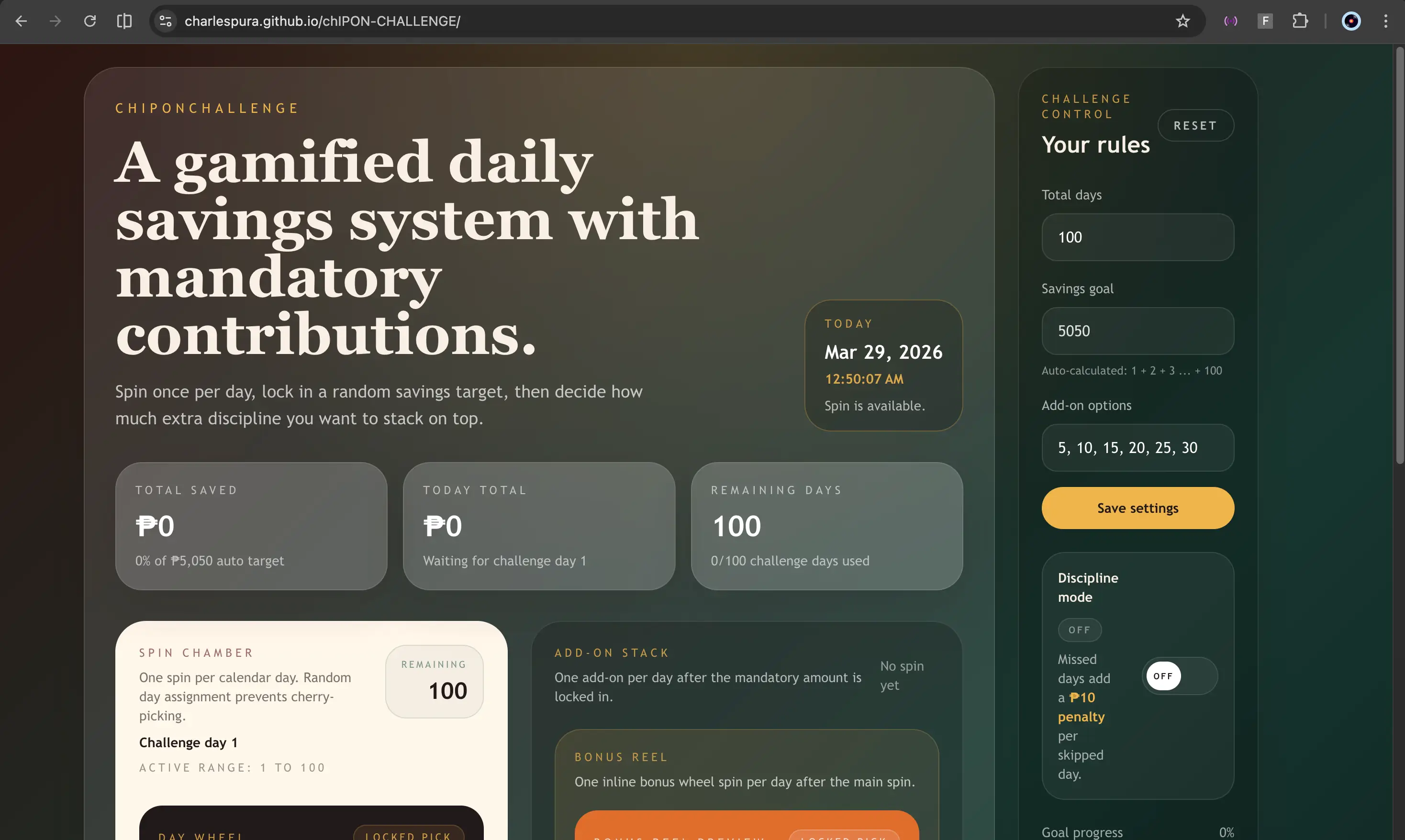 ChIPONChallenge Main Screen